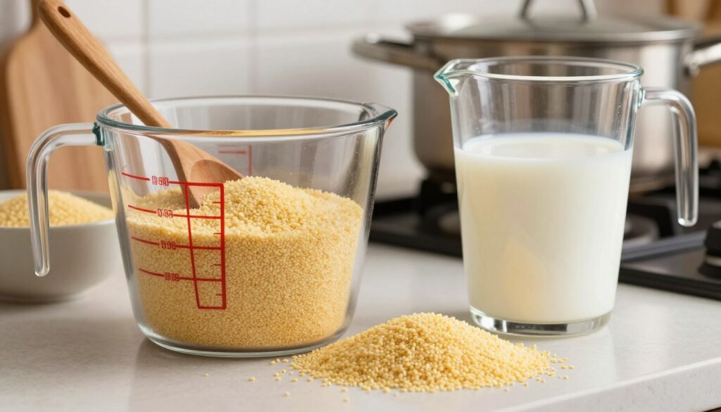 A visually appealing kitchen scene featuring a transparent measuring cup filled with semolina and a measuring jug of fluid next to it, showcasing the proportions of semolina to liquid. The foreground highlights the textures of coarse semolina grains and the liquid, perhaps milk or water, in varying shades of white and cream. In the middle, a wooden spoon rests against a bowl, suggesting preparation, while a pot is subtly visible on the stove, emphasizing cooking. The background includes soft, warm kitchen lighting, conveying a cozy atmosphere. The angle captures both the ingredients and the inviting kitchen, creating an atmosphere of culinary warmth and connection to the art of cooking.