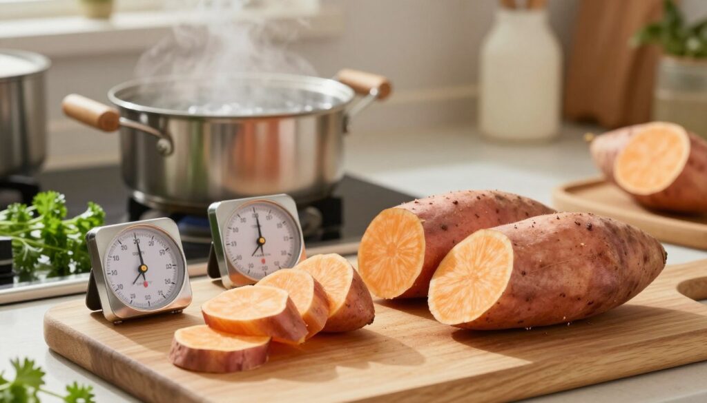 A visually appealing kitchen setting showcasing various sizes of cut sweet potatoes positioned on a wooden cutting board. In the foreground, display small, medium, and large sweet potato pieces, each with a timer beside them indicating their cooking times. The middle ground features a pot of boiling water on a stove with steam rising, and a splash of vibrant green herbs placed nearby for garnish. The background comprises soft, warm lighting that creates a cozy atmosphere, with kitchen utensils and ingredients slightly blurred, emphasizing the focus on the sweet potatoes. Capture the scene from a slightly elevated angle, evoking an inviting and instructional mood for home cooking enthusiasts. A visually appealing kitchen setting showcasing various sizes of cut sweet potatoes positioned on a wooden cutting board. In the foreground, display small, medium, and large sweet potato pieces, each with a timer beside them indicating their cooking times. The middle ground features a pot of boiling water on a stove with steam rising, and a splash of vibrant green herbs placed nearby for garnish. The background comprises soft, warm lighting that creates a cozy atmosphere, with kitchen utensils and ingredients slightly blurred, emphasizing the focus on the sweet potatoes. Capture the scene from a slightly elevated angle, evoking an inviting and instructional mood for home cooking enthusiasts.