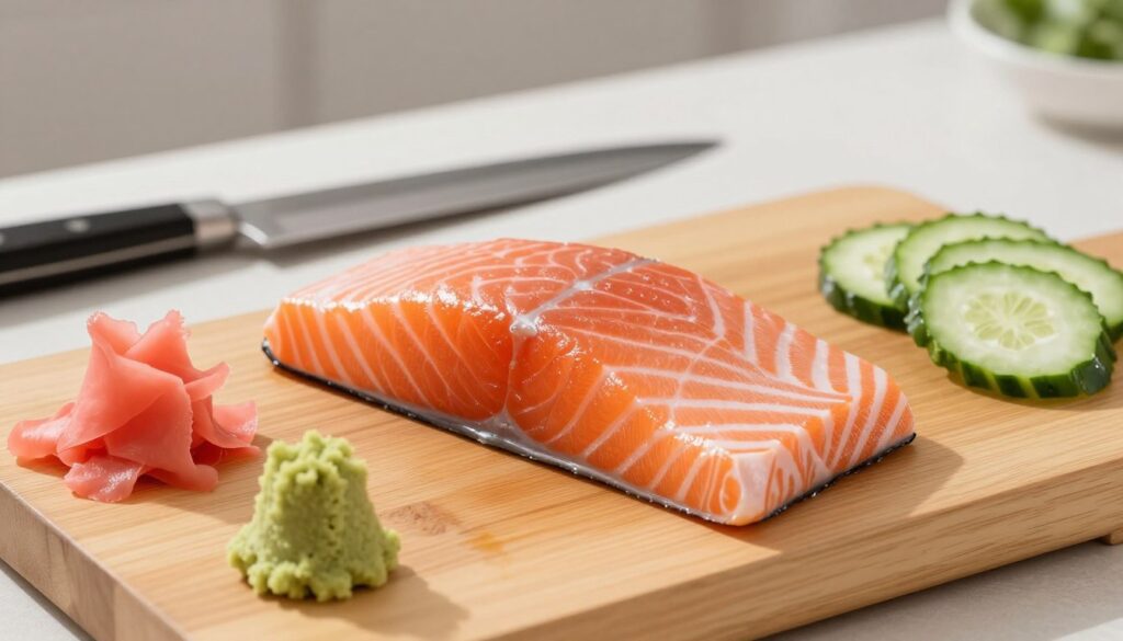 A visually appealing, well-composed image focusing on a fresh, high-quality sushi-grade salmon fillet displayed on a wooden cutting board. The salmon should be vibrant in color, showcasing rich pink and orange hues, glistening with freshness. Surrounding the fillet, neatly arranged sushi ingredients such as wasabi, pickled ginger, and neatly sliced cucumber can be seen, adding freshness and color. In the background, a traditional Japanese knife rests beside a clean, minimalist kitchen setting with soft, natural lighting that casts a gentle glow on the salmon, highlighting its texture and sheen. The atmosphere should be serene and inviting, emphasizing the importance of selecting quality ingredients for sushi preparation. The angle should be slightly elevated, capturing both the details of the salmon and the accompanying ingredients without distractions.