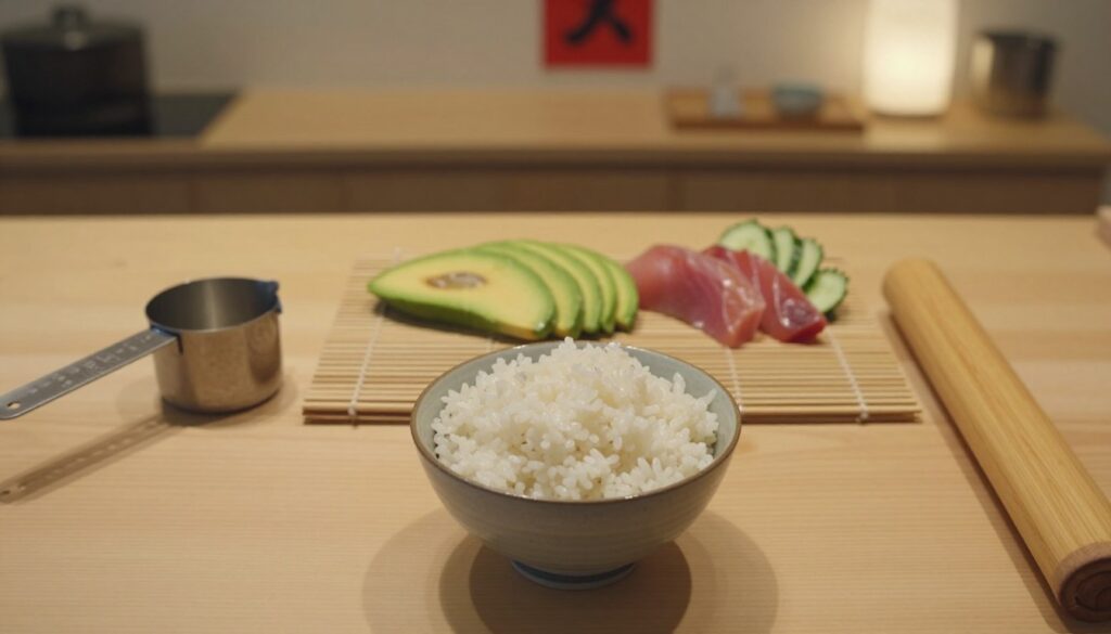 A visually engaging overhead view of a sushi-making setup on a wooden kitchen countertop. In the foreground, a small bowl filled with perfectly cooked sushi rice is surrounded by a measuring cup and a bamboo sushi rolling mat. The middle ground features fresh ingredients like slices of avocado, cucumber, and raw fish artistically arranged beside the rice. The background shows soft, ambient lighting highlighting a wall with Japanese calligraphy or sushi-related decor. The scene is serene and inviting, evoking a sense of calm and creativity in home cooking. The composition should focus on the rice, illustrating the appropriate amount needed for one sushi roll, emphasizing clarity and detail in textures.
