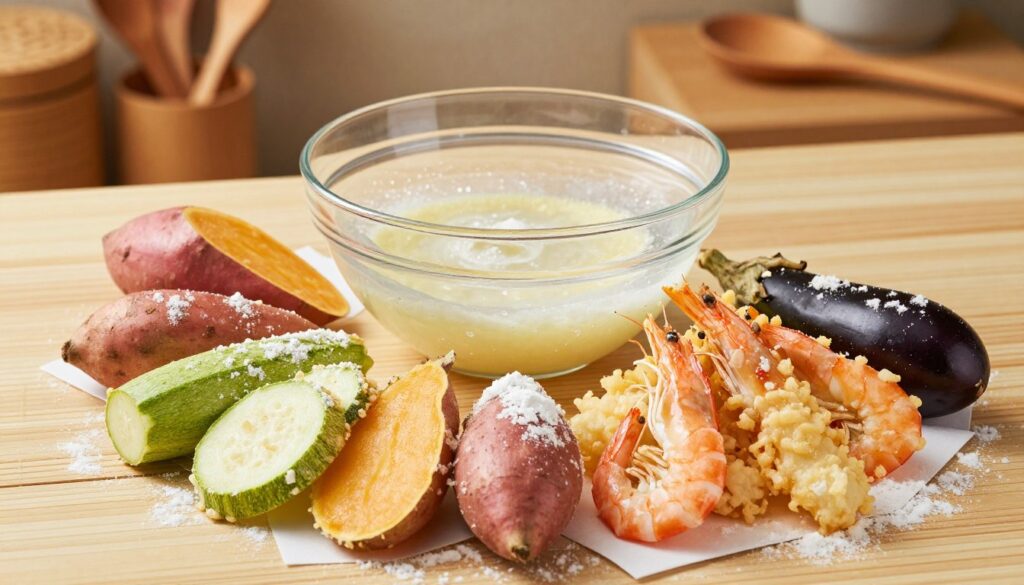 A visually stunning arrangement of tempura ingredients, featuring a bowl of tempura batter mix with individual ingredients displayed artistically around it. In the foreground, include a vibrant array of fresh vegetables like zucchini, sweet potatoes, and eggplant, along with shrimp, all lightly dusted with flour. In the middle ground, place a transparent bowl containing sparkling cold water, ready for mixing the batter. The background should be softly blurred, hinting at a traditional Japanese kitchen with wooden utensils and a subtle bamboo texture. Use warm, natural lighting to create an inviting atmosphere, emphasizing the crispness and freshness of the ingredients. Capture the scene from a slightly elevated angle to provide a comprehensive view of the ingredients and their proportions, evoking a sense of culinary excitement.