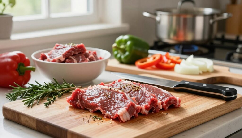 A well-lit kitchen scene focusing on the preparation of beef for cooking. In the foreground, a wooden cutting board displays freshly trimmed beef cuts, glistening with a light sheen of seasoning. A sharp chef's knife rests beside the meat, with fresh herbs like rosemary and thyme scattered around for garnish. The middle ground features a bowl of marinated beef, while a few colorful vegetables like bell peppers and onions are diced on another cutting board. In the background, a stove with pots simmering, and kitchen utensils hanging, create a warm, inviting atmosphere. Soft, natural light streams in from a nearby window, enhancing the rich textures and colors of the ingredients, giving an overall feeling of culinary craftsmanship and readiness to cook.