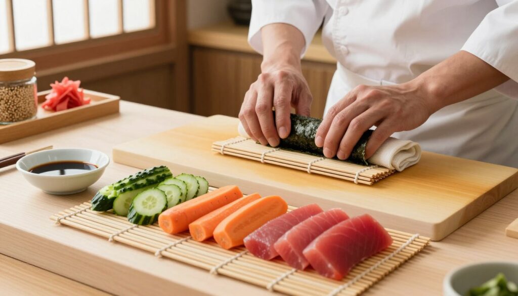A well-organized sushi preparation scene on a wooden kitchen countertop. In the foreground, a bamboo mat is laid out with neatly sliced ingredients: vibrant green cucumbers, colorful carrots, and fresh red tuna arranged beside a small bowl of soy sauce. In the middle ground, an elegant hand, clothed in a white chef's coat, is carefully placing a sheet of nori on the bamboo mat, ready for rolling. The background features soft natural light coming through a window, highlighting jars of sesame seeds and pickled ginger on a shelf. The atmosphere is calm and focused, evoking a sense of culinary artistry and precision. The lens captures the scene from a slightly elevated angle, emphasizing the vibrant colors and textures of the ingredients. A well-organized sushi preparation scene on a wooden kitchen countertop. In the foreground, a bamboo mat is laid out with neatly sliced ingredients: vibrant green cucumbers, colorful carrots, and fresh red tuna arranged beside a small bowl of soy sauce. In the middle ground, an elegant hand, clothed in a white chef's coat, is carefully placing a sheet of nori on the bamboo mat, ready for rolling. The background features soft natural light coming through a window, highlighting jars of sesame seeds and pickled ginger on a shelf. The atmosphere is calm and focused, evoking a sense of culinary artistry and precision. The lens captures the scene from a slightly elevated angle, emphasizing the vibrant colors and textures of the ingredients.