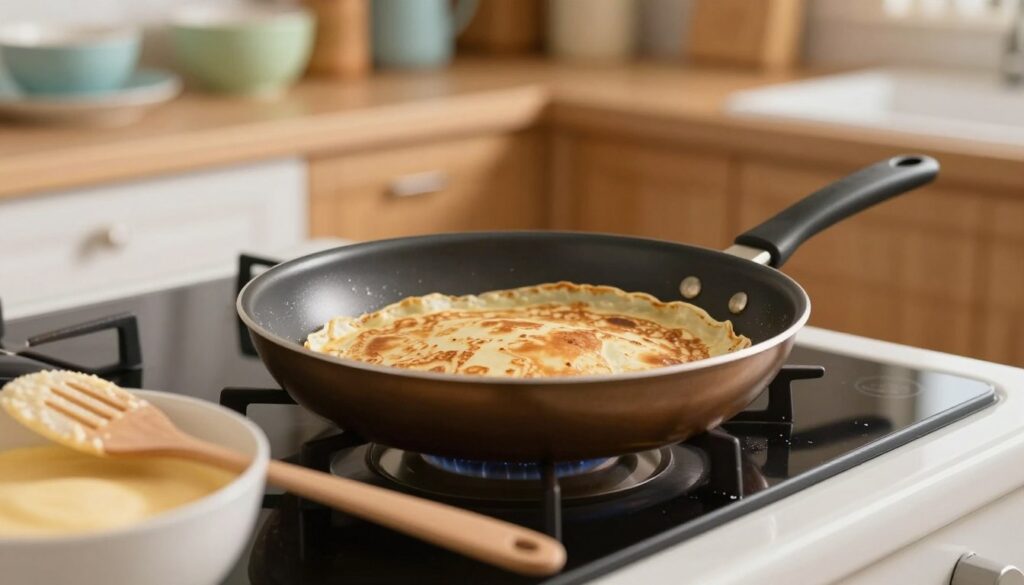 A well-prepared frying pan sits on a modern stovetop, glistening to signify readiness for making perfect crepes. In the foreground, a spatula rests beside a pristine mixing bowl filled with a smooth batter. The middle ground showcases the frying pan, its surface lightly coated with oil, giving off a subtle sheen under soft, warm kitchen lighting. In the background, there's a cozy kitchen ambiance with wooden cabinets and colorful dishware, enhancing the inviting atmosphere. The scene is framed with a shallow depth of field, focusing on the frying pan, while the background remains slightly blurred. The overall mood is warm and homey, capturing the essence of preparing to cook delicious, thin, and evenly browned pancakes. A well-prepared frying pan sits on a modern stovetop, glistening to signify readiness for making perfect crepes. In the foreground, a spatula rests beside a pristine mixing bowl filled with a smooth batter. The middle ground showcases the frying pan, its surface lightly coated with oil, giving off a subtle sheen under soft, warm kitchen lighting. In the background, there's a cozy kitchen ambiance with wooden cabinets and colorful dishware, enhancing the inviting atmosphere. The scene is framed with a shallow depth of field, focusing on the frying pan, while the background remains slightly blurred. The overall mood is warm and homey, capturing the essence of preparing to cook delicious, thin, and evenly browned pancakes.