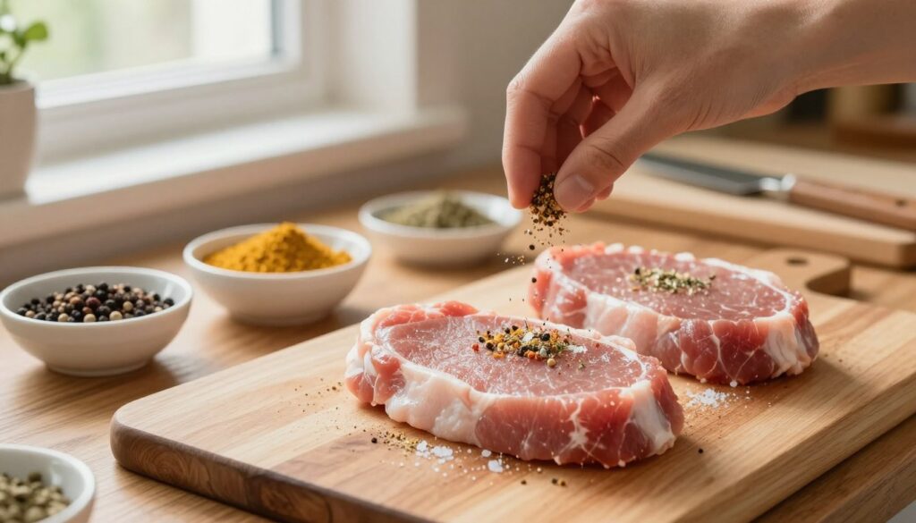 A wooden kitchen countertop is the centerpiece, showcasing fresh pork cutlets being seasoned before breading. In the foreground, a close-up shot reveals a hand gently sprinkling a blend of spices over the cutlets, including salt, pepper, and herbs, creating a savory look. In the middle ground, various spices are neatly arranged in small bowls, highlighting vibrant colors and textures. The background features blurred kitchen elements like a cutting board and utensils, enhancing the domestic atmosphere. Soft, natural lighting streams in from a nearby window, casting a warm glow over the scene, evoking a sense of inviting homeliness and culinary passion. The composition should focus on the cutlets and spices, capturing the essence of preparation without any distractions. A wooden kitchen countertop is the centerpiece, showcasing fresh pork cutlets being seasoned before breading. In the foreground, a close-up shot reveals a hand gently sprinkling a blend of spices over the cutlets, including salt, pepper, and herbs, creating a savory look. In the middle ground, various spices are neatly arranged in small bowls, highlighting vibrant colors and textures. The background features blurred kitchen elements like a cutting board and utensils, enhancing the domestic atmosphere. Soft, natural lighting streams in from a nearby window, casting a warm glow over the scene, evoking a sense of inviting homeliness and culinary passion. The composition should focus on the cutlets and spices, capturing the essence of preparation without any distractions.