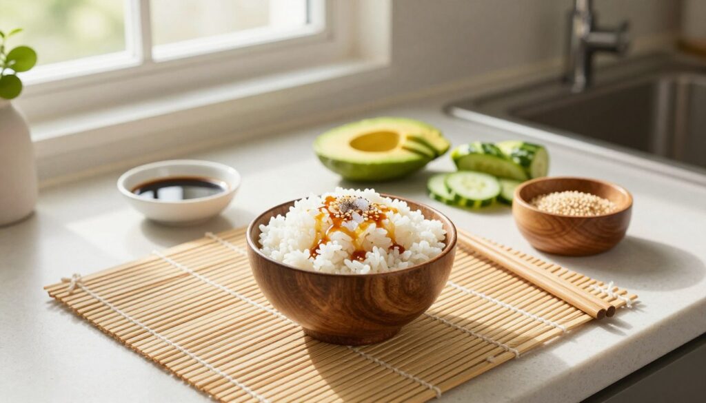 An elegantly styled kitchen counter set for sushi preparation. In the foreground, a bamboo sushi mat with a bowl of perfectly cooked sushi rice, glistening with rice vinegar, sugar, and salt. Beside it, a small wooden bowl with sesame seeds and a pair of chopsticks resting gently. In the middle ground, a fresh assortment of sushi ingredients: vibrant slices of avocado and cucumber, and a small dish of soy sauce. The background features an open window with natural light pouring in, illuminating the scene with a warm, inviting glow. The mood is calm and focused, perfect for a culinary experience. The image is captured from a slightly elevated angle, creating depth while maintaining clarity in all elements.