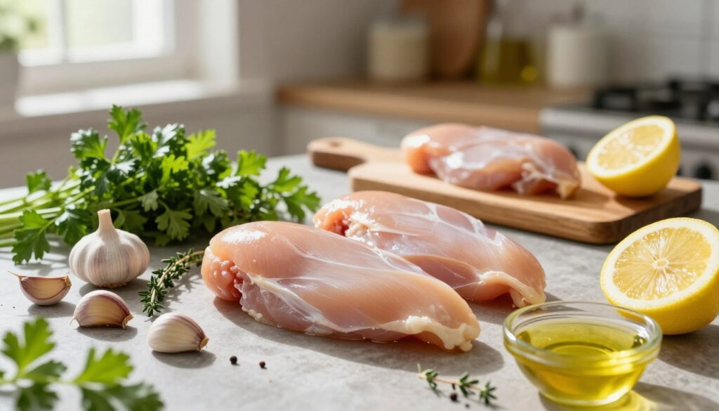 Fresh, raw chicken breast fillets displayed prominently in the foreground, surrounded by a variety of ingredients essential for cooking. Include vibrant green herbs like parsley and thyme, plump garlic cloves, fresh lemon halves, and a small bowl of olive oil. In the middle ground, a wooden cutting board adds warmth, while a rustic kitchen setting with blurred cookware and spices forms the background. Soft natural light streams in from a nearby window, casting gentle shadows and enhancing the freshness of the ingredients. Capture a cozy, inviting atmosphere that conveys the essence of healthy cooking. A slightly overhead angle showcases the ingredients beautifully arranged, ensuring clear visibility and a harmonious composition.