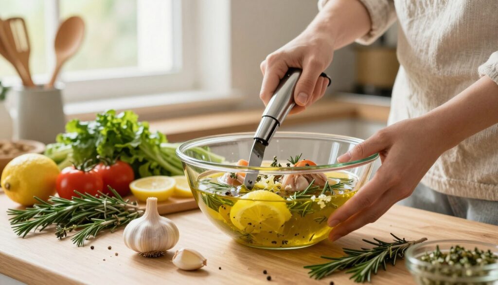 In a cozy, well-lit kitchen, a person in modest casual clothing is preparing a chicken marinade using a garlic press. The foreground features a close-up of the garlic press, with freshly crushed garlic cloves and aromatic herbs like rosemary and thyme scattered around. The middle of the scene includes a vibrant mixing bowl filled with a rich marinade of olive oil, lemon juice, spices, and herbs, surrounded by colorful fresh vegetables. In the background, kitchen utensils and a sunny window create a warm, inviting atmosphere. The composition is bright and airy, emphasizing the freshness and vibrancy of the ingredients, while inviting the viewer into the culinary process of making a flavorful chicken marinade.